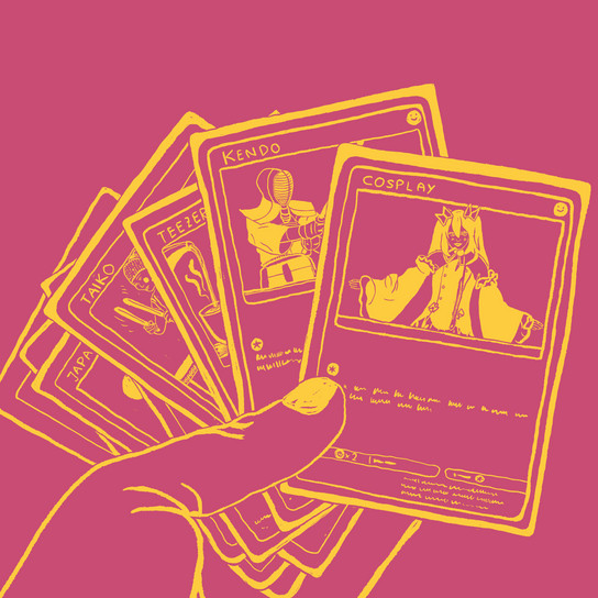 A hand holds a selection of cards against a pink background. The cards feature illustrated characters with labels like "Kendo" and "Cosplay." The focus is on the intricate designs and variety of the cards.