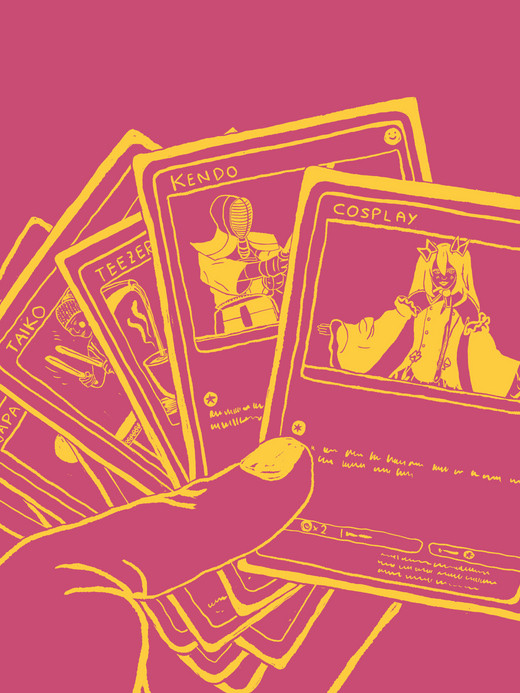 A hand holds a selection of cards against a pink background. The cards feature illustrated characters with labels like "Kendo" and "Cosplay." The focus is on the intricate designs and variety of the cards.