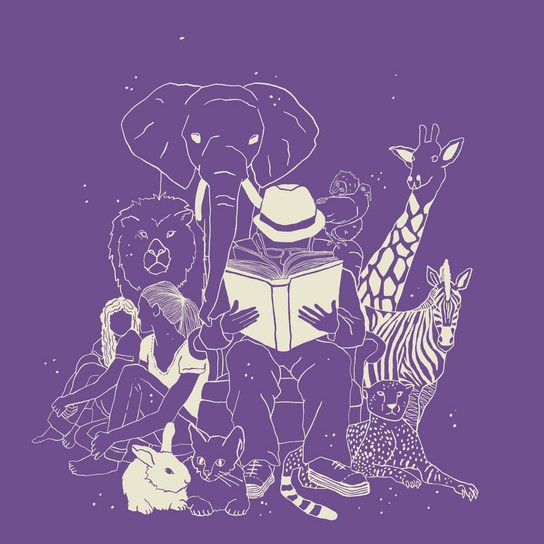 Illustration of a person in a hat reading a book, surrounded by an elephant, lion, giraffe, zebra, cheetah, rabbit, and cat. Two children sit nearby, all against a purple background.