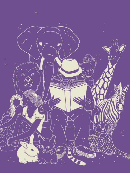 Illustration of a person in a hat reading a book, surrounded by an elephant, lion, giraffe, zebra, cheetah, rabbit, and cat. Two children sit nearby, all against a purple background.