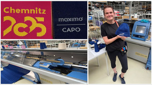 Eine Frau steht in einer Fabrik und hält eine blaue Wintermütze. Die Collage zeigt auch eine Nahaufnahme von Chemnitz 2025 mit Stickereien, Strickmaschinen und Garnspulen auf Tischen.