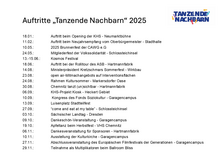 A schedule lists 2025 event dates and venues for "Dancing Neighbours", including performances, festivals and lectures at locations such as the Hartmannfabrik, the Garage Campus and the Stadthalle. The logo is in the top right-hand corner.