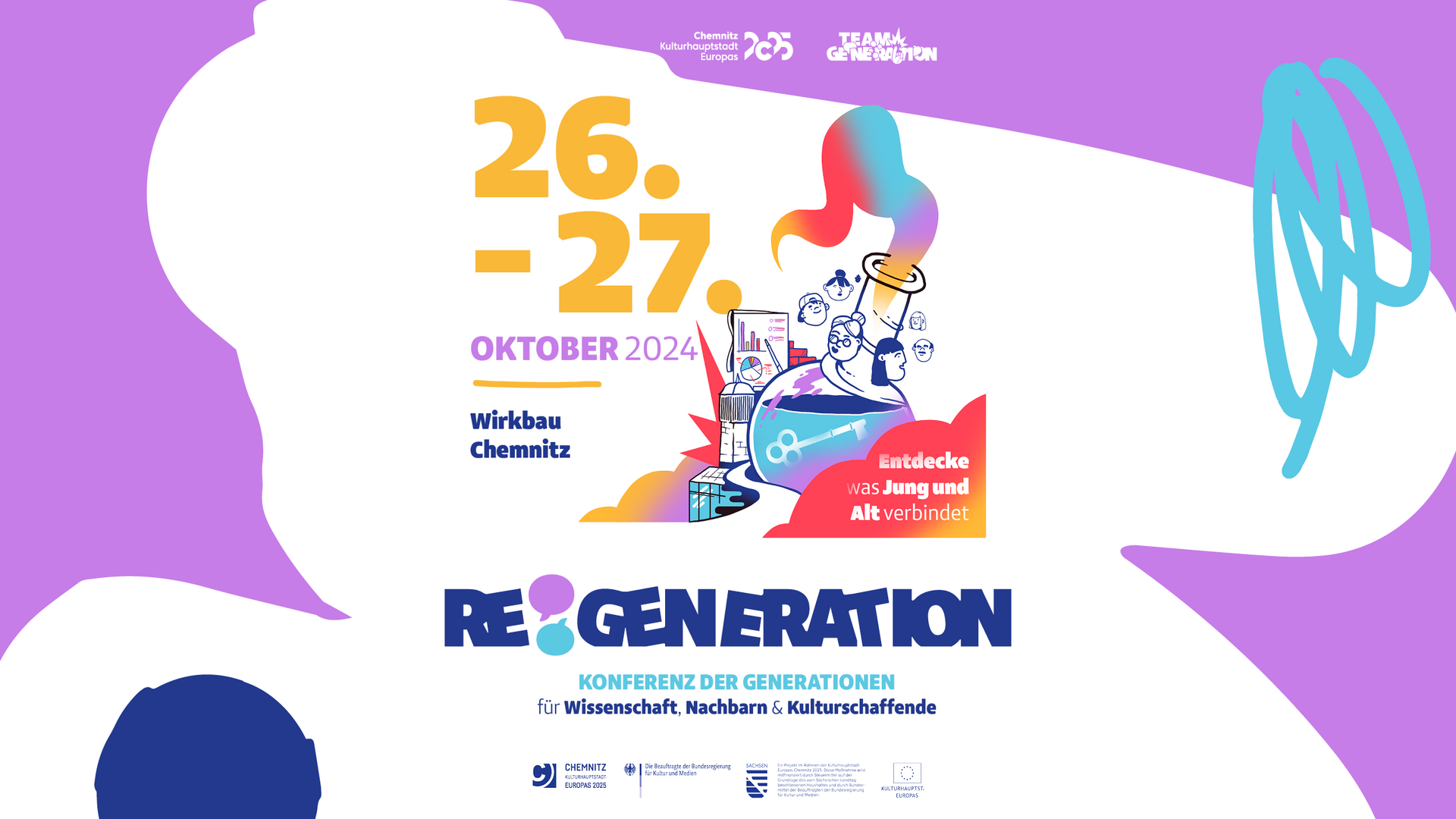 Farbenfrohes Werbeplakat für die Konferenz „RE:GENERATION“ am 26. und 27. Oktober 2024 in Chemnitz. Mit abstrakten Grafiken, einer Figur mit einem Megafon und einem Text, der den Schwerpunkt auf Wissenschaft, Gemeinschaft und Kultur hervorhebt.