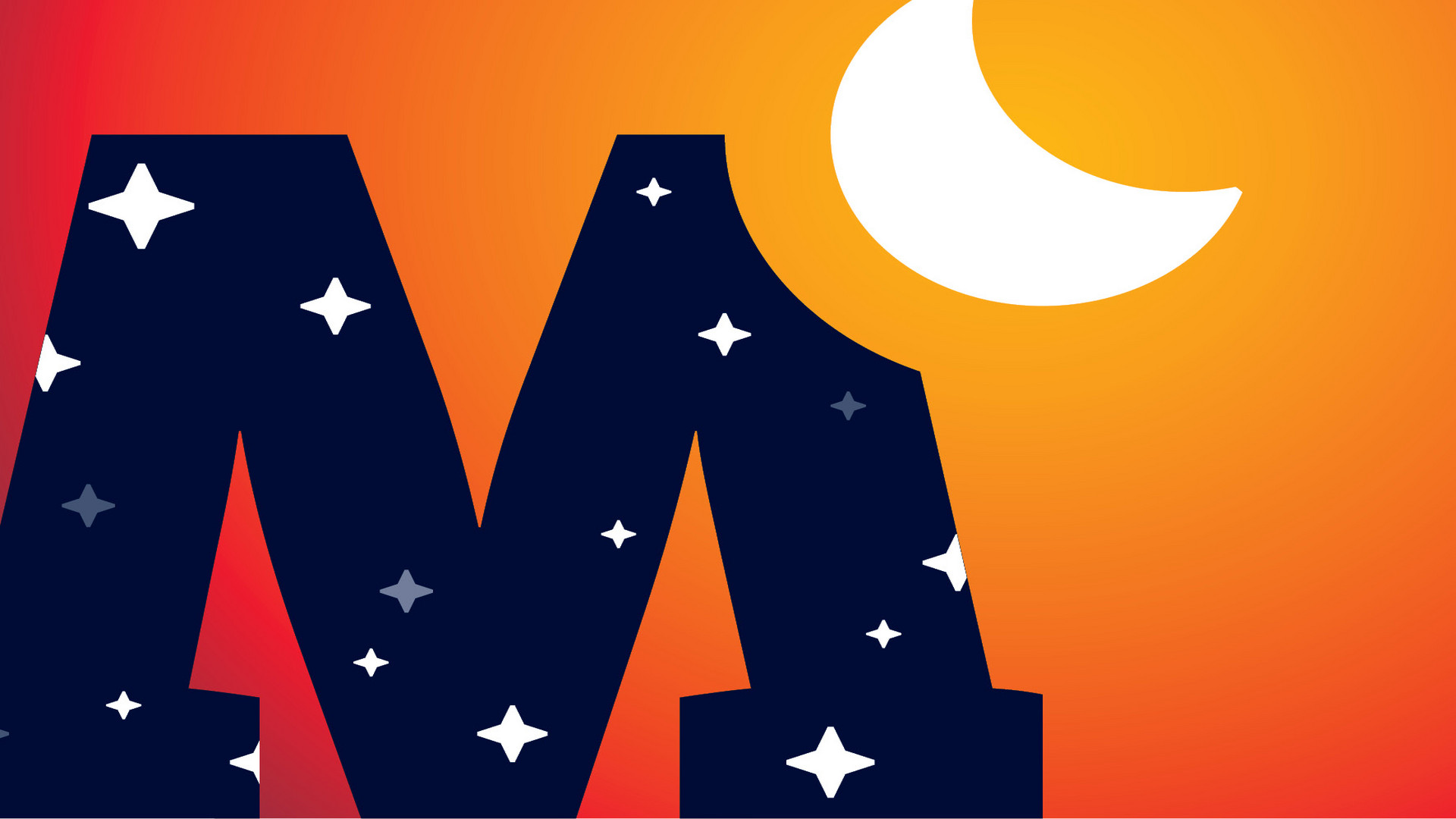 Das Bild zeigt eine Silhouette des Buchstabens „M“, gefüllt mit Sternen vor einem orange-roten Hintergrund mit Farbverlauf. Rechts oben auf dem Buchstaben befindet sich eine Mondsichel, die einen Nachthimmeleffekt erzeugt.