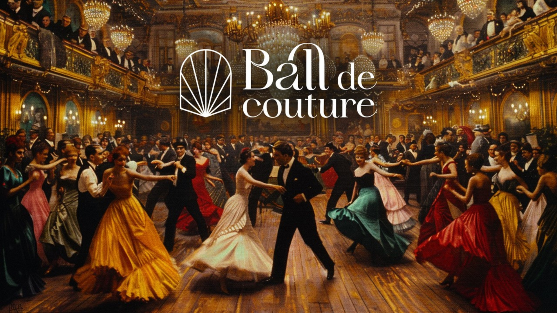 Ein großer Ballsaal voller Paare, die elegant in Abendgarderobe tanzen. Die Szene ist lebendig mit Ballkleidern in verschiedenen Farben und Smokings. Ein großer, kunstvoller Kronleuchter hängt von der Decke. Der Text „Bal de couture“ ist deutlich zu sehen.