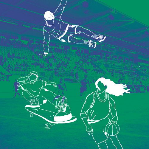 Abstract illustration of a skateboarder and basketball player in action, with another figure upside down in the air, set against a dimly lit stadium background in shades of green and blue.