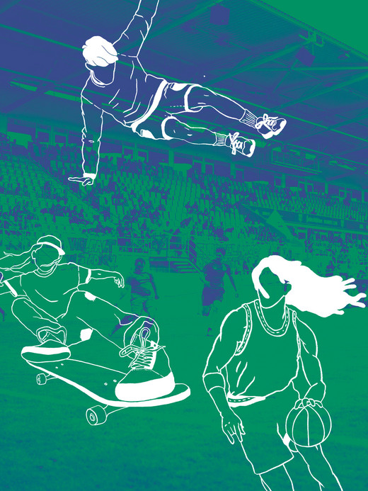 Abstract illustration of a skateboarder and basketball player in action, with another figure upside down in the air, set against a dimly lit stadium background in shades of green and blue.