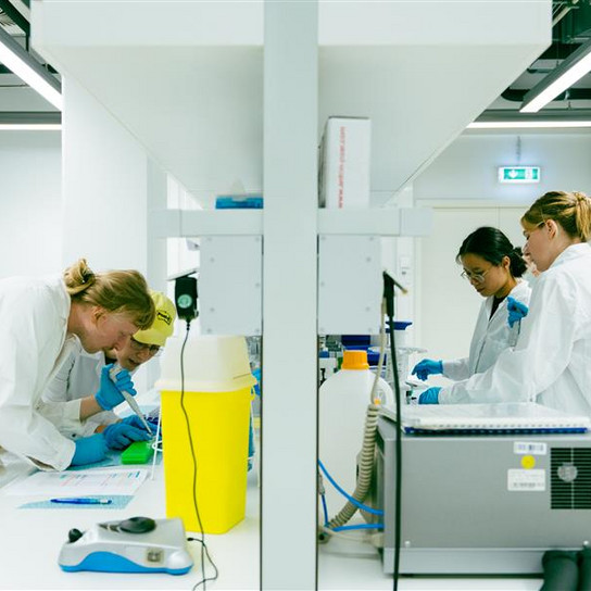 Four scientists in white lab coats and blue gloves work in a bright laboratory. Two examine a document closely on the left, while the other two engage with lab equipment on the right. The lab features white surfaces and ample lighting.