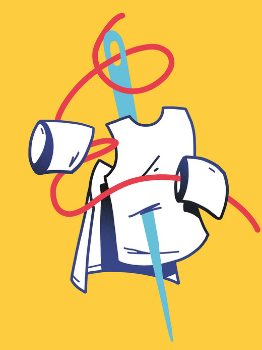 An illustration of a needle with red thread piercing through a white garment pattern. Scissors and a spool of thread are included, set against a bright yellow background.