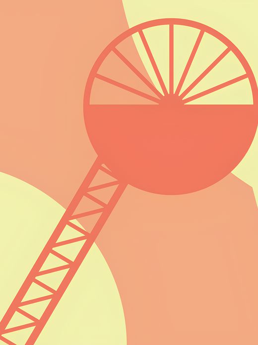 An abstract illustration features geometric shapes in warm tones of orange and yellow. Two overlapping circular shapes dominate the background, while a partially filled circular shape with radiating lines is connected to the lower right by two diagonal, lattice-like structures.