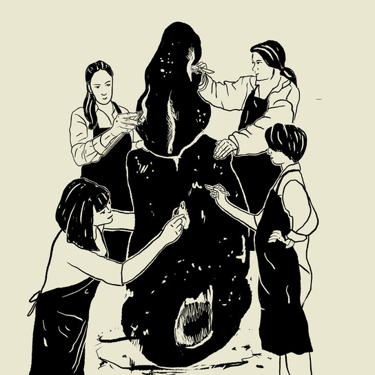 Illustration of four people wearing aprons, collaboratively working to mold or carve a large, abstract sculpture. Each person is engaged in shaping the piece with focus and precision, using various tools.