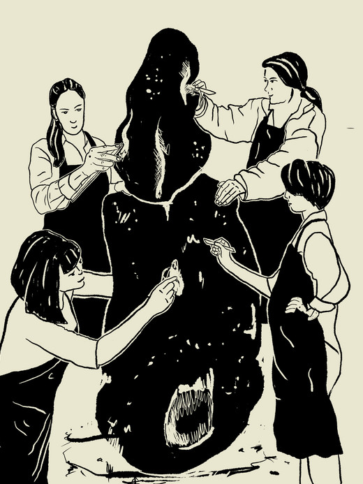 Illustration of four people wearing aprons, collaboratively working to mold or carve a large, abstract sculpture. Each person is engaged in shaping the piece with focus and precision, using various tools.