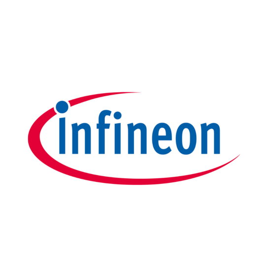 Das Logo zeigt das Wort „Infineon“ in blauen Kleinbuchstaben. Eine rote, geschwungene Linie, die einer Umlaufbahn ähnelt, beginnt über dem Buchstaben „i“ und verläuft unter dem Text hindurch, wobei der Punkt des „i“ in den Anfang der Kurve integriert ist. Der Hintergrund ist weiß.