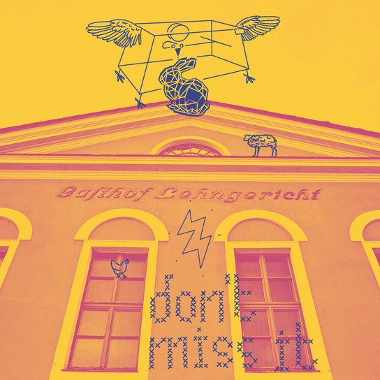 A stylized building facade with the words "Gasthof Lehngericht" and "don't miss it" in cross-stitch style. Above, a geometric bird design with wings and lightning bolt detail hangs. A small bird and sheep motifs are also visible. The color scheme is yellow and pink.