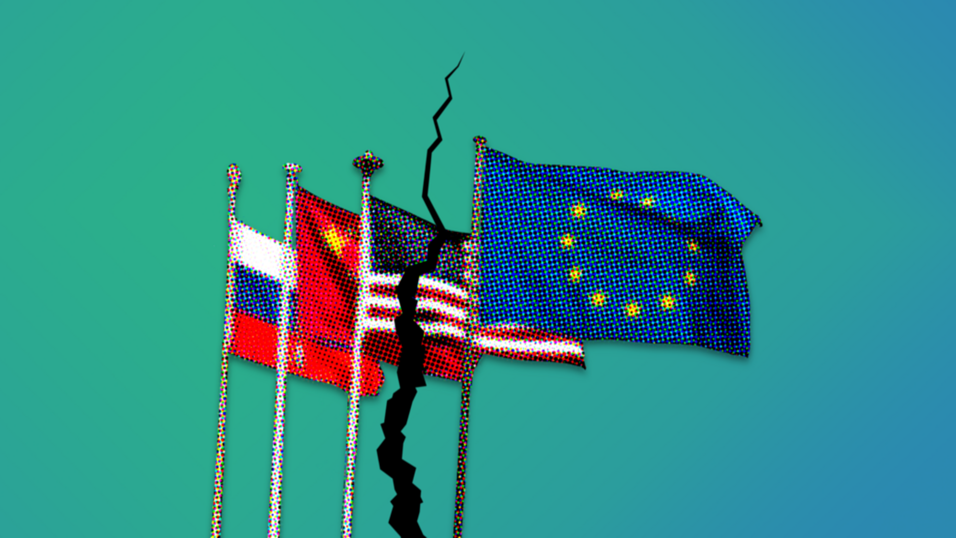 Vier Nationalflaggen – Russland, China, USA und die Europäische Union – stehen in einer Reihe, wobei vor einem blauen Hintergrund mit Farbverlauf ein gezackter schwarzer Riss vertikal zwischen den Flaggen der USA und der EU verläuft.