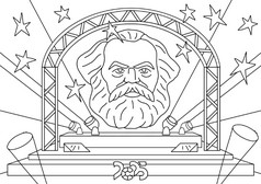 Strichzeichnung einer Bühne mit Scheinwerfern und einer großen bärtigen Kopfstatue in der Mitte, umgeben von Sternen. Die Jahreszahl "2025" steht auf der Vorderseite der Bühne, und Lichtstrahlen strahlen nach außen.