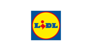 Logo of Lidl featuring a yellow circle with a red border, containing the blue and red text "LIDL" inside. The background is a blue square.