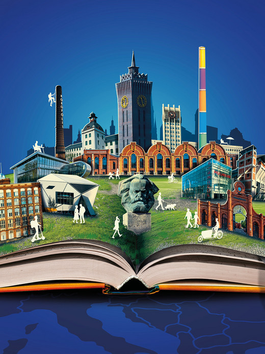 An open book with a vibrant cityscape emerging from its pages, including diverse buildings, structures, and a prominent clock tower. Tiny figures of people and vehicles are dotted around, symbolizing the dynamic life of the city. The background is a deep blue.