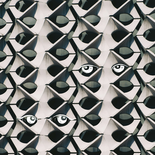 A geometric pattern of interlocking, rounded white shapes fills the image. Two stylized black and white eyes are strategically placed among the shapes, giving the appearance of peering through the design.