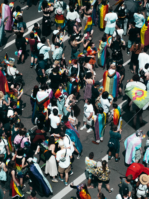 Eine Luftaufnahme einer überfüllten LGBTQ+-Pride-Parade. Die Teilnehmer tragen Regenbogenfahnen und farbenfrohe Outfits, viele halten Schilder und Banner hoch. Die Straße ist voller lebendiger Vielfalt, während die Menschen gemeinsam feiern und marschieren.