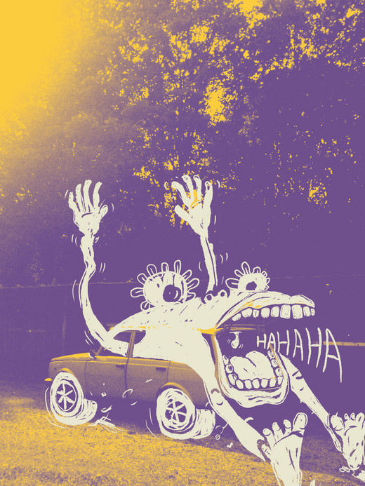 Ein Auto in einer Grasfläche ist kreativ mit einer Comic-Monsterillustration bemalt. Das Monster hat große Augen, einen breiten Mund und erhobene Hände, in dessen Mund „hahaha“ geschrieben steht. Das Bild ist mit einer gelben und violetten Farbüberlagerung versehen.