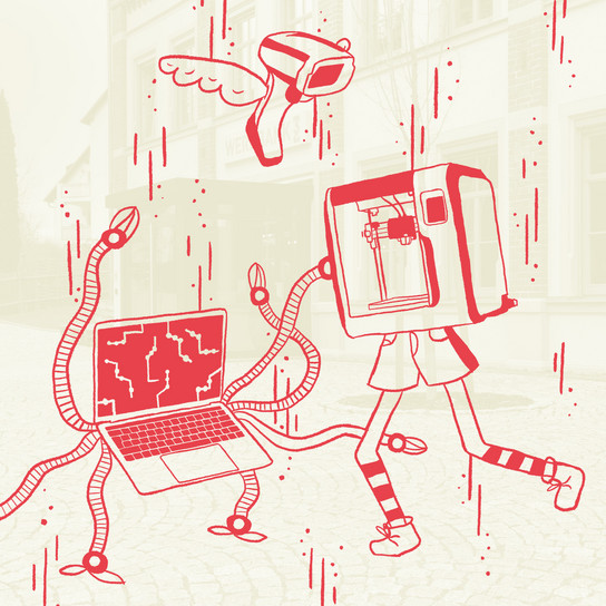 A whimsical illustration depicting a 3D printer with legs dancing alongside a laptop with tentacle-like limbs, set against a subtle background of a building and trees. A stylized hairdryer floats above them. Artwork colors are predominantly red and beige.