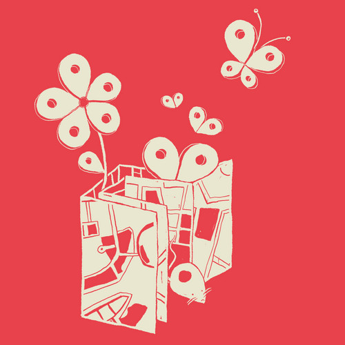 A red background featuring a stylized white pop-up book with abstract drawings. A flower and multiple butterflies appear to be emerging from the pages, creating a whimsical, lively scene.