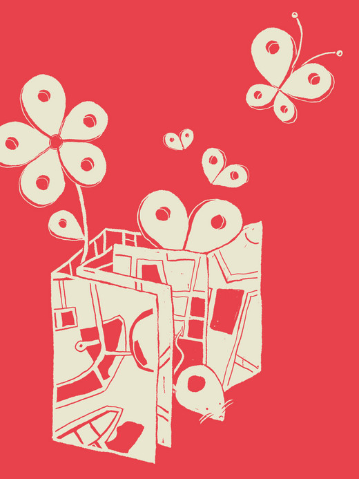 A red background featuring a stylized white pop-up book with abstract drawings. A flower and multiple butterflies appear to be emerging from the pages, creating a whimsical, lively scene.