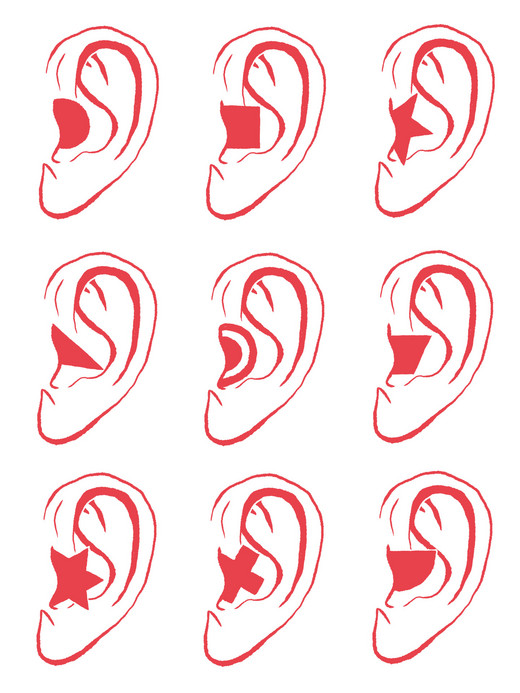 Illustration of 15 red ear outlines, each with a different geometric shape inside, such as circles, squares, stars, and arrows. The shapes are filled with a solid red color and vary in design across each ear.