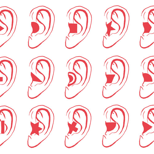 Illustration of 15 red ear outlines, each with a different geometric shape inside, such as circles, squares, stars, and arrows. The shapes are filled with a solid red color and vary in design across each ear.