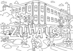 Eine Strichzeichnung von Kindern, die vor einem großen Gebäude spielen, auf dem in großen Buchstaben "ZUHAUSE" geschrieben steht. Einige Kinder halten ein Eis in der Hand, andere klettern oder rennen, Bäume, ein Brunnen und ein Auto sind ebenfalls zu sehen. Die Szene ist lebendig und fröhlich.