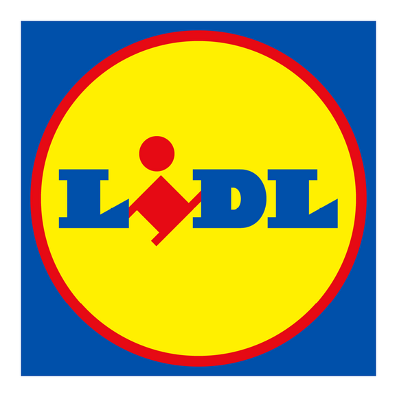 Das Lidl-Logo besteht aus fetten blauen Buchstaben auf einem gelben Kreis mit rotem Rand vor einem blauen quadratischen Hintergrund.