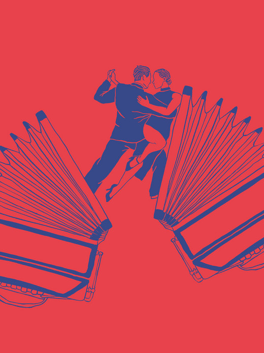 Illustration of a couple dancing elegantly in blue against a red background. They are positioned between two large, stylized accordions, creating a dynamic and lively composition.