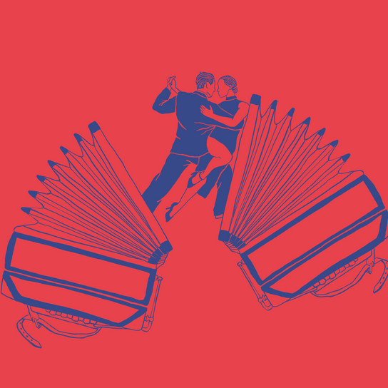 Illustration of a couple dancing elegantly in blue against a red background. They are positioned between two large, stylized accordions, creating a dynamic and lively composition.