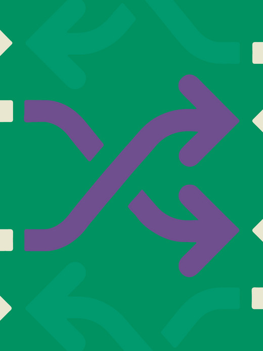 A pattern of cream and purple arrows pointing in various directions on a green background. The arrows are arranged in a zigzag and intertwining design, creating a sense of movement.