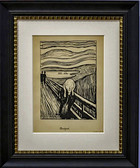 Gerahmtes Schwarz-Weiß-Kunstwerk von Edvard Munchs "Der Schrei", das eine Figur auf einer Brücke mit einem verzerrten Gesicht, einem wirbelnden Himmel und zwei Menschen im Hintergrund zeigt.