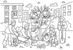 Eine Gruppe von Personen, darunter Kinder und Erwachsene, pflanzt und bewässert einen Obstbaum auf einer Wiese zwischen Gebäuden, während eine Person aus einem Fenster zusieht. Gartengeräte und Äpfel sind zu sehen.