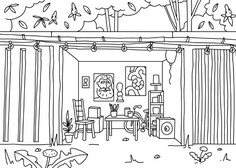 Schwarze und weiße Strichzeichnung eines gemütlichen Schuppens im Freien mit Lichterketten, einem Tisch und Stühlen, Regalen, einem Fahrrad, Topfpflanzen, gerahmten Kunstwerken an den Wänden und Bäumen mit fallenden Blättern im Hintergrund.