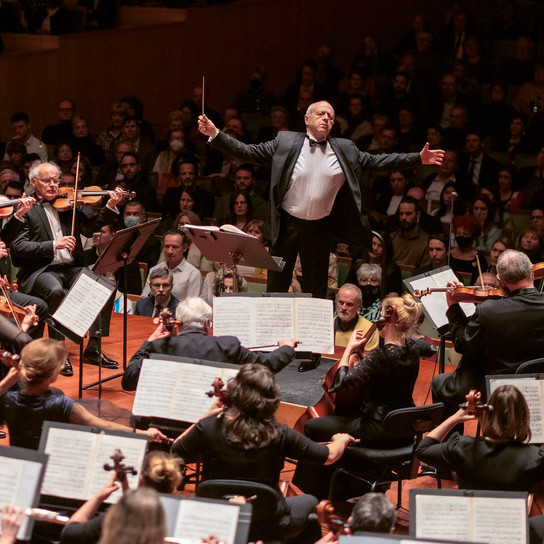 Ein Dirigent leitet leidenschaftlich ein Orchester, dessen Musiker in Reihen sitzen und ihre Instrumente spielen. Im Hintergrund ist das Publikum zu sehen, das gespannt der Aufführung in einem Konzertsaal zusieht.