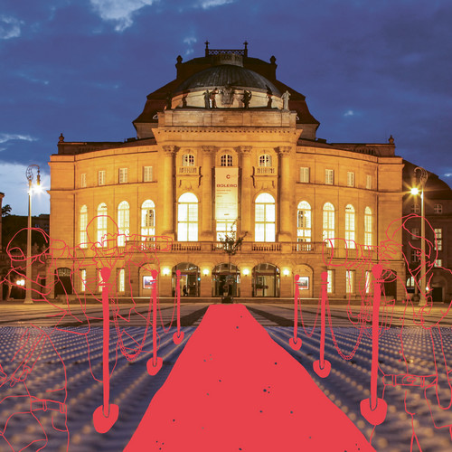 The image shows an ornate, illuminated building at night. A red carpet with velvet ropes leads to the entrance, with sketched outlines of people on either side. The sky is a deep blue, enhancing the warm glow of the building’s lights.