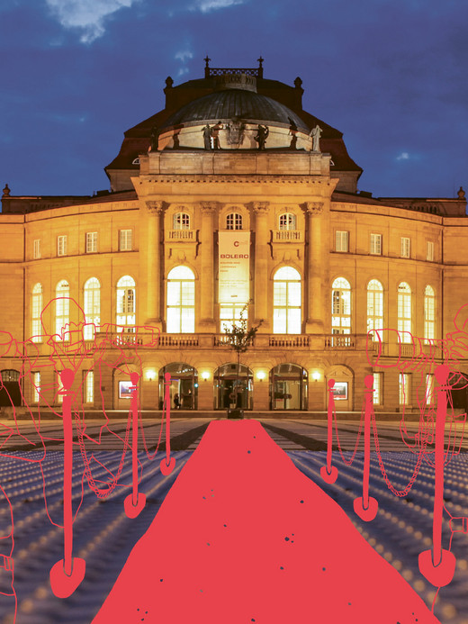 The image shows an ornate, illuminated building at night. A red carpet with velvet ropes leads to the entrance, with sketched outlines of people on either side. The sky is a deep blue, enhancing the warm glow of the building’s lights.