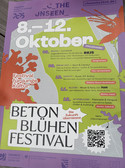 Poster for the "BETON BLÜHEN FESTIVAL" in Chemnitz, Germany, from 8 to 12 October, with events for young culture such as music, art, film and workshops. QR code and colourful, playful design with orange and purple elements.
