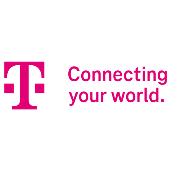 Das Bild zeigt ein magentafarbenes „T“-Logo, gefolgt vom Text „Connecting your world“ in derselben Farbe. Das Design ist minimalistisch mit weißem Hintergrund.