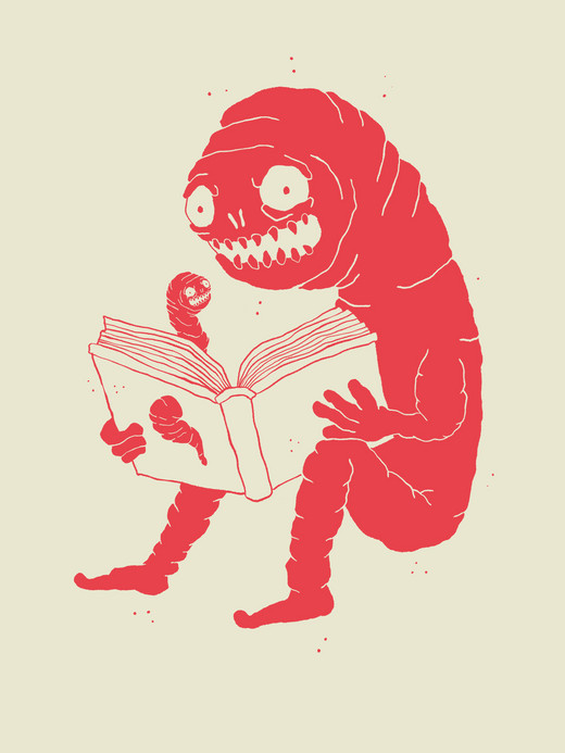 A red, cartoonish creature with an exaggerated grin and big eyes reads a book. Another small creature, emerging from its shoulder, also looks at the book. The background is a pale yellow.