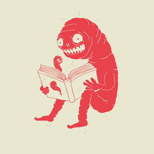 A red, cartoonish creature with an exaggerated grin and big eyes reads a book. Another small creature, emerging from its shoulder, also looks at the book. The background is a pale yellow.