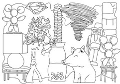 Eine schwarz-weiße Strichzeichnung mit einem Wildschwein, einem hohen Steinhaufen, Luftballons in Form von Tieren, einem Nussknacker, einem Tornado, Blumen in einer Vase mit der Aufschrift "2023", Steinen, einer Lampe und einem Stuhl.