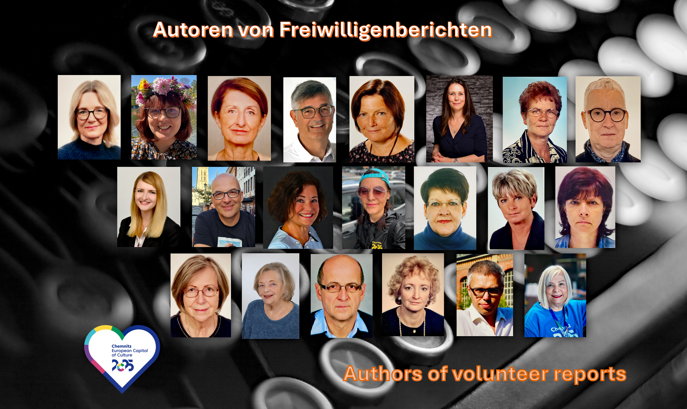 Eine Collage mit 22 Fotos von Männern und Frauen, betitelt "Autoren von Freiwilligenberichten" und "Autoren von Freiwilligenberichten", mit einem herzförmigen Logo in der linken unteren Ecke.